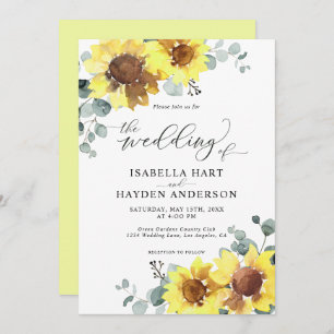 Sunflowers Rustic Floral Eucalyptus Yellow Wedding Invitation