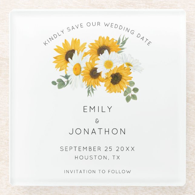 Sunflowers Rustic Floral Keepsake Save The Date Glass Coaster (Front)