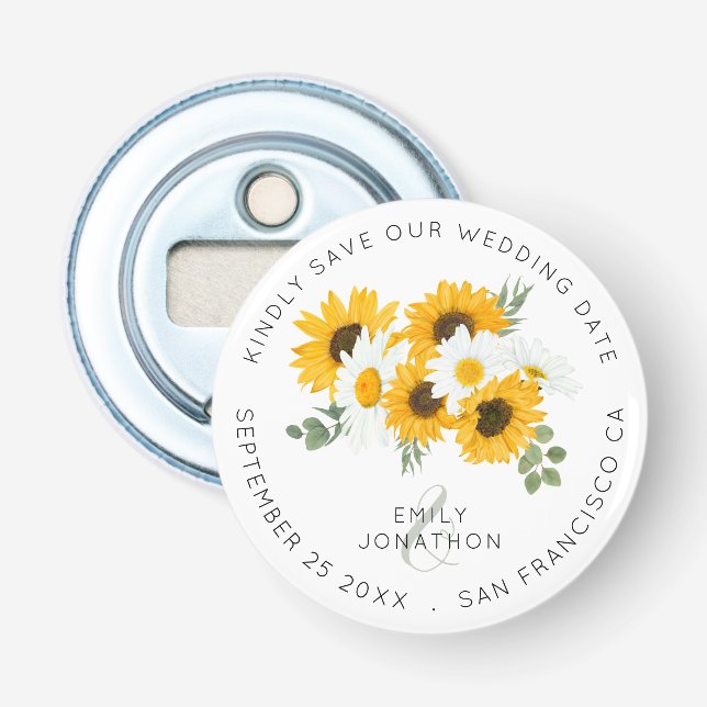 Sunflowers Rustic Keepsake Floral Save The Date Bottle Opener (Front)