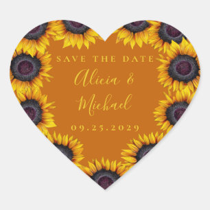 Sunflowers rustic modern script wedding save date heart sticker