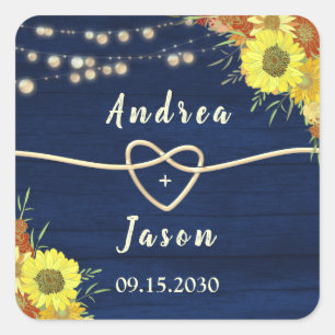 Sunflowers Rustic Navy Blue Wedding Favour Square Sticker
