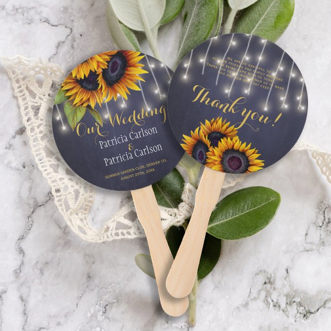 Sunflowers rustic navy chalkboard wedding favour hand fan (Creator Uploaded)
