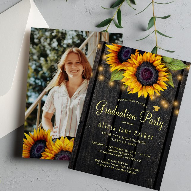 Sunflowers rustic PHOTO graduation party Invitation (Creator Uploaded)
