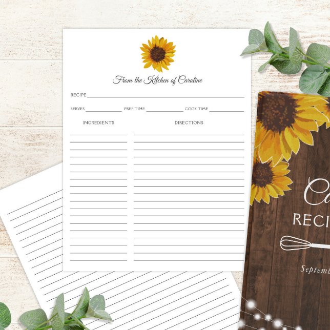 Sunflowers Rustic Recipe Card Binder Insert (Sunflowers Recipe Sheet for Binder Cookbook)