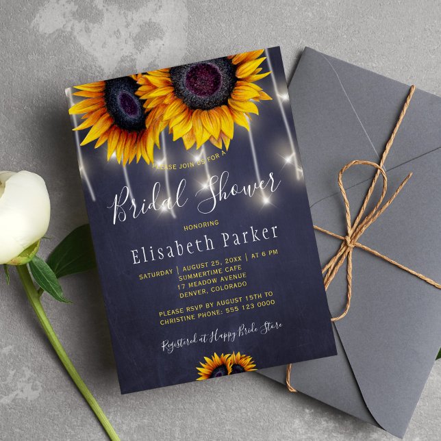 Sunflowers rustic string lights chic bridal shower invitation (Creator Uploaded)