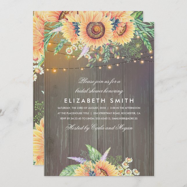 Sunflowers Rustic String Lights Wood Bridal Shower Invitation (Front/Back)