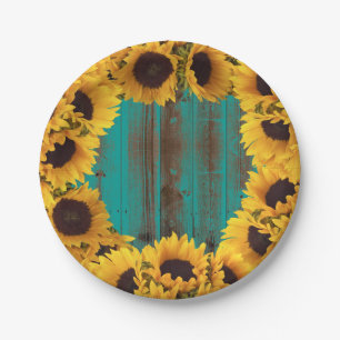 Sunflowers Rustic Teal Barn Wood Paper Plate