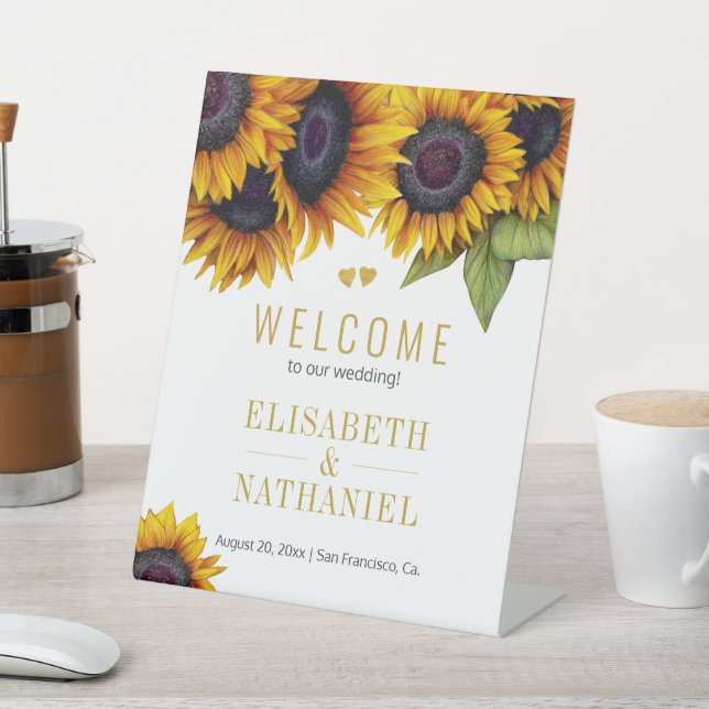 Sunflowers rustic wedding gold script welcome sign (In SItu)