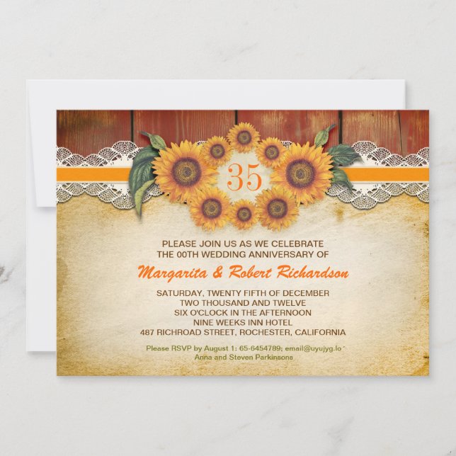 Sunflowers Rustic Wood anniversary Invitations (Front)