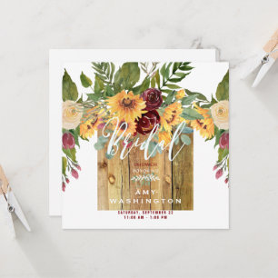 Sunflowers Rustic Wood Burgundy Bridal Shower Invitation