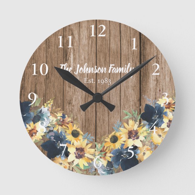Sunflowers Rustic Wood Family Name Kitchen Clock (Front)