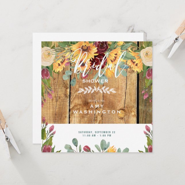 Sunflowers Rustic Wood Floral Bridal Shower Invitation (Front/Back In Situ)