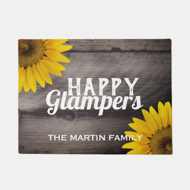 Sunflowers Rustic Wood Glam Campers Happy Glampers Doormat (Front)