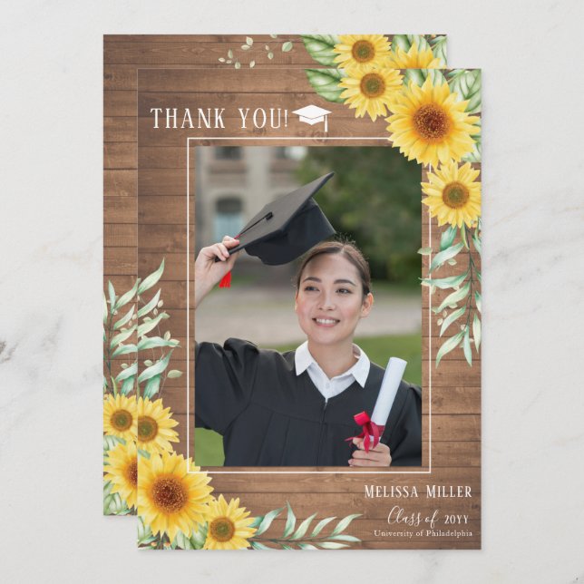 Sunflowers rustic wood Graduation Thank you Card (Front/Back)