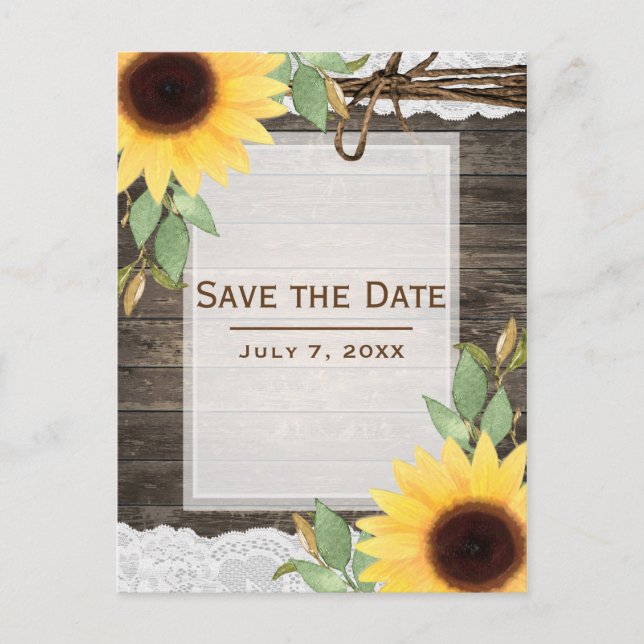 Sunflowers Rustic Wood Lace Country Save the Date Announcement Postcard (Front)