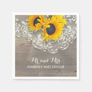 Sunflowers Rustic Wood Lace Country Wedding Napkin