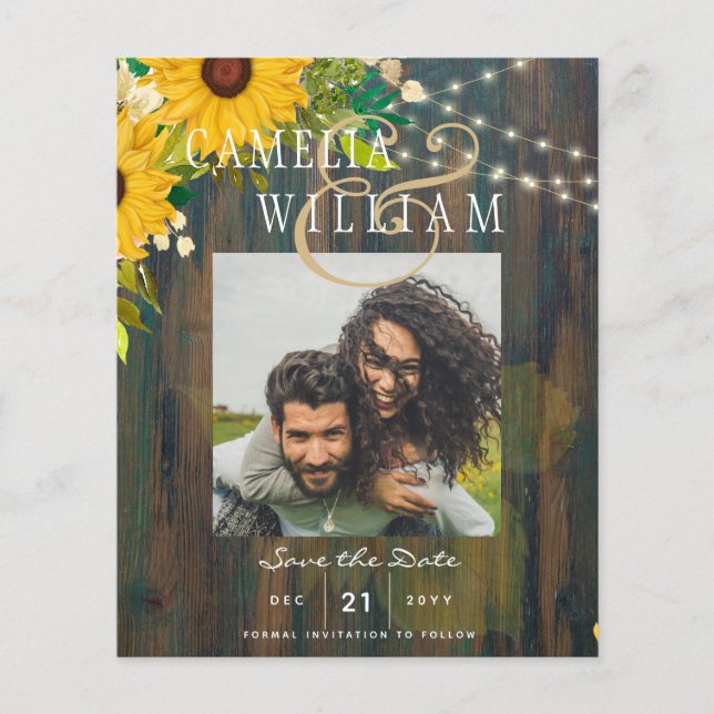 Sunflowers Rustic Wood PHOTO Wedding Save the Date Flyer (Front)