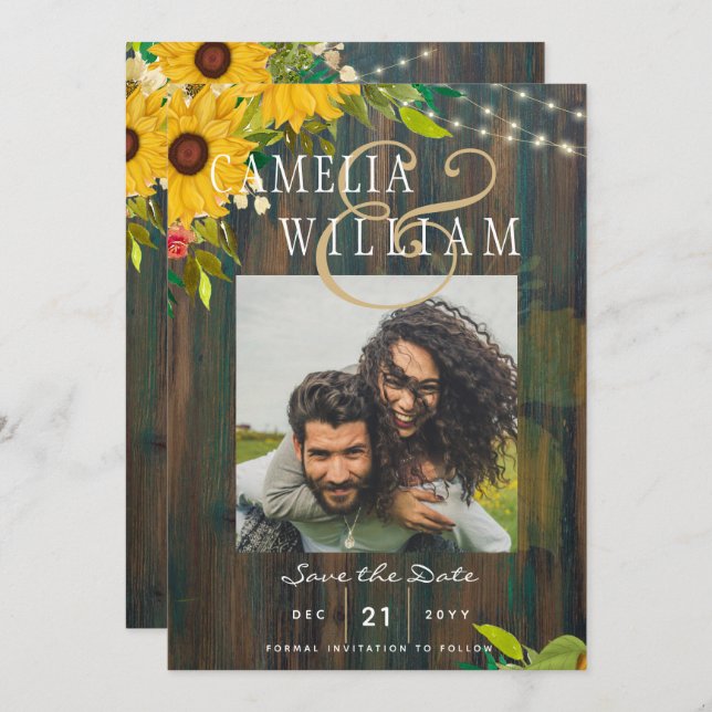 Sunflowers Rustic Wood PHOTO Wedding Save the Date Invitation (Front/Back)