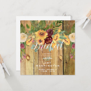 Sunflowers Rustic Wood Square Bridal Shower   Invitation