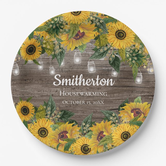 Sunflowers Rustic Wood String Lights Housewarming  Paper Plate (Front)