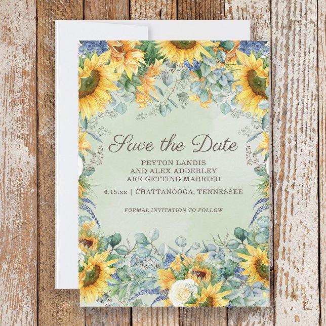 Sunflowers Sage Green Eucalyptus Leaves Wedding  Save The Date (Sunflower wedding Save the Date)