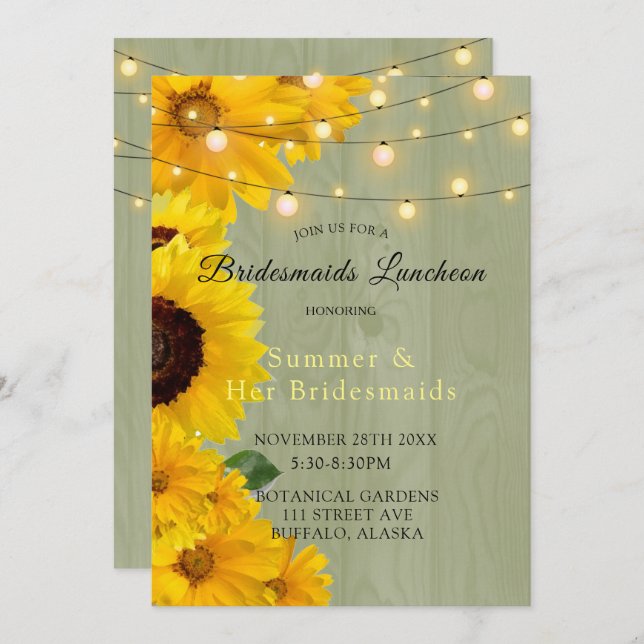 Sunflowers Sage Wood Lights Bridesmaids Luncheon Invitation (Front/Back)