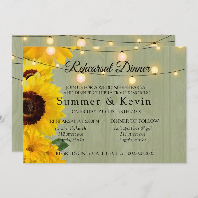 Sunflowers Sage Wood Lights Rehearsal Dinner Invitation (Front/Back)