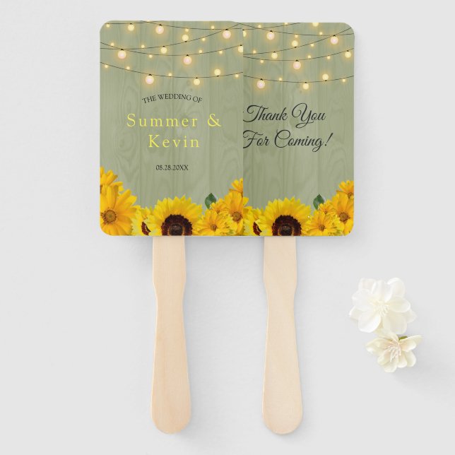 Sunflowers Sage Wood Lights Wedding Thank You Hand Fan (Front and Back)