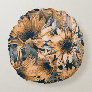 Sunflowers seamless pattern. Autumn watercolor bac Round Cushion