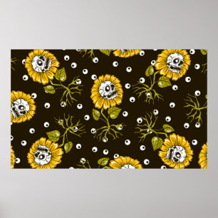 sunflowers skulls seamless pattern poster