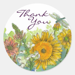 Sunflowers Snapdragon Flowers Dragonfly Thank You Classic Round Sticker