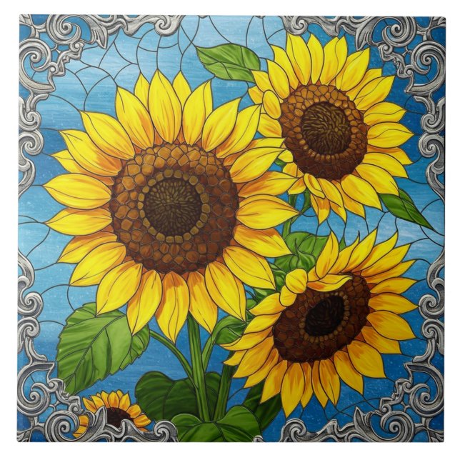 Sunflowers Stained Glass Effect Ceramic Tile (Front)