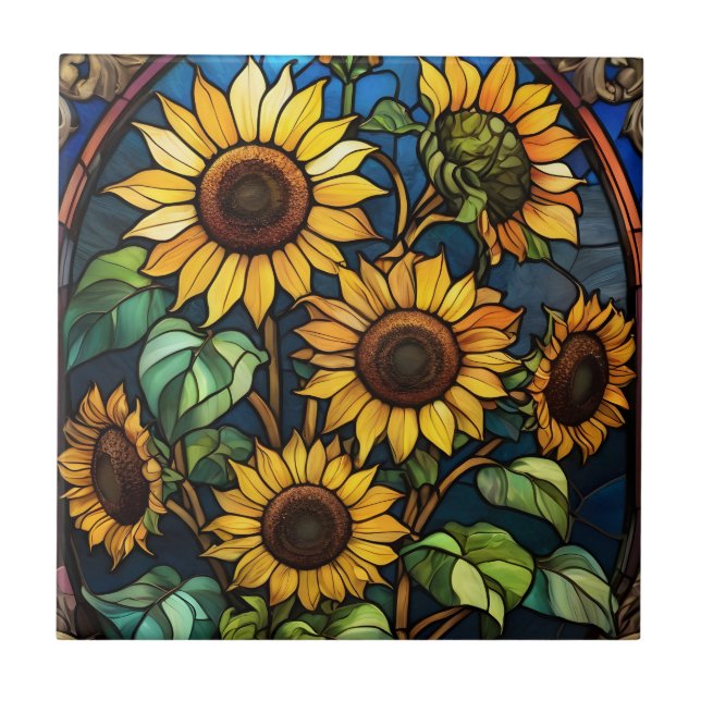 Sunflowers Stained Glass Inspo Sun Flower Ceramic Tile (Front)