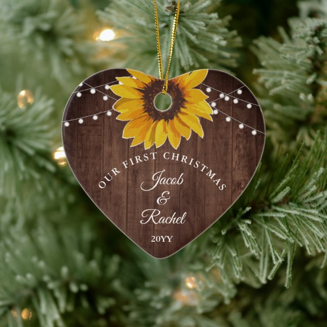 Sunflowers String Light Rustic Our First Christmas Ceramic Ornament (Tree)