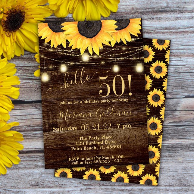 Sunflowers String Lights 50th Birthday Party Invit Invitation (Creator Uploaded)