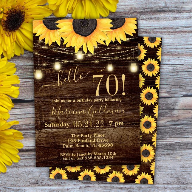 Sunflowers String Lights 70th Birthday Party Invit Invitation (Creator Uploaded)