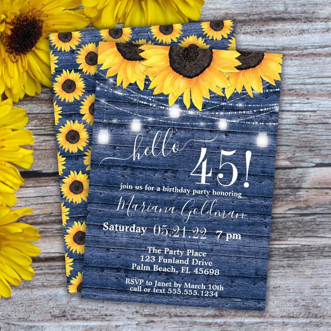 Sunflowers String Lights Blue 45th Birthday Party Invitation (Creator Uploaded)