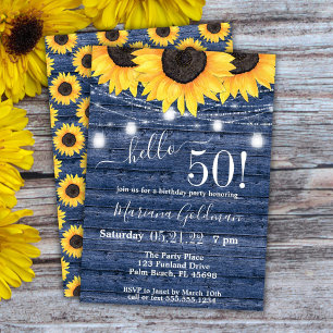 Sunflowers String Lights Blue 50th Birthday Party Invitation