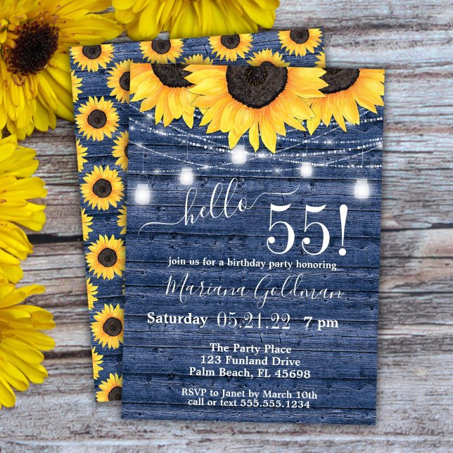 Sunflowers String Lights Blue 55th Birthday Party Invitation (Creator Uploaded)