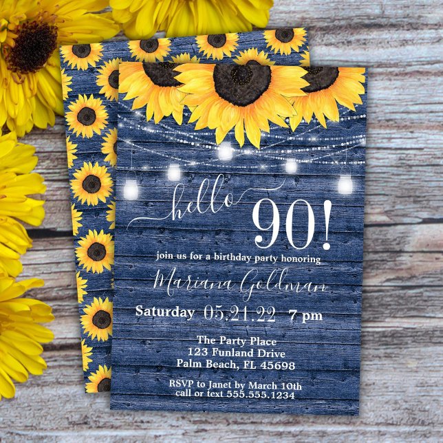 Sunflowers String Lights Blue 90th Birthday Party Invitation (Creator Uploaded)