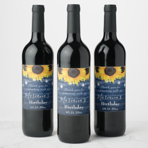 Sunflowers String Lights Blue Birthday Party Favou Wine Label