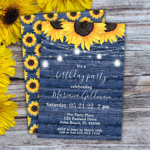Sunflowers String Lights Blue Birthday Party Invitation
