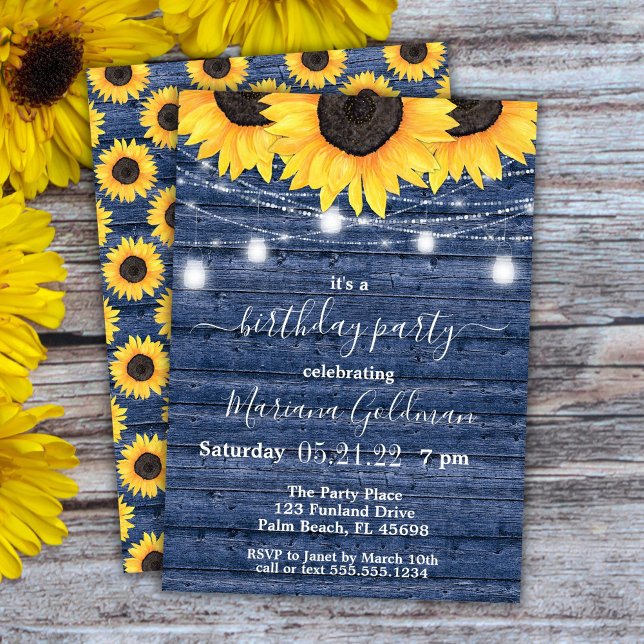 Sunflowers String Lights Blue Birthday Party Invitation (Creator Uploaded)