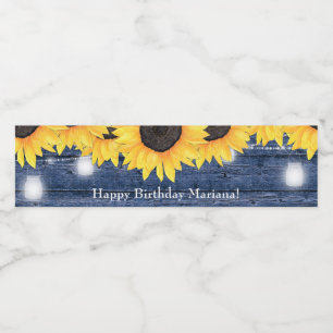 Sunflowers String Lights Blue Birthday Party Water Bottle Label