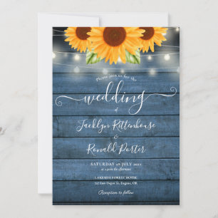 Sunflowers String Lights Blue Rustic Wood Wedding Invitation