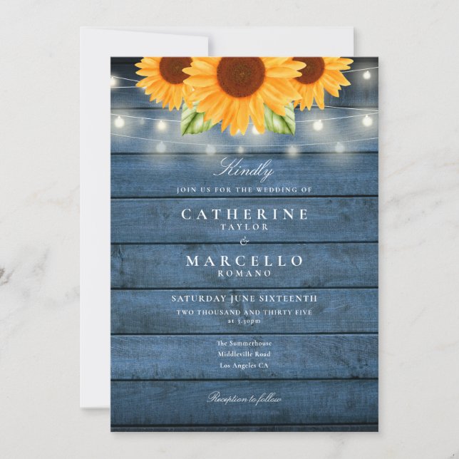 Sunflowers String Lights Blue Rustic Wood Wedding Invitation (Front)