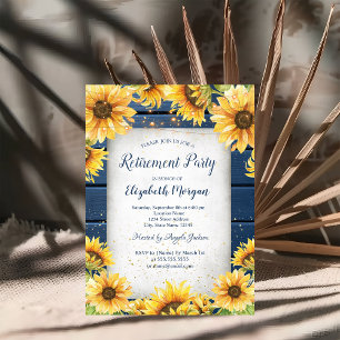 Sunflowers,String Lights Blue Wood Retirement  Invitation