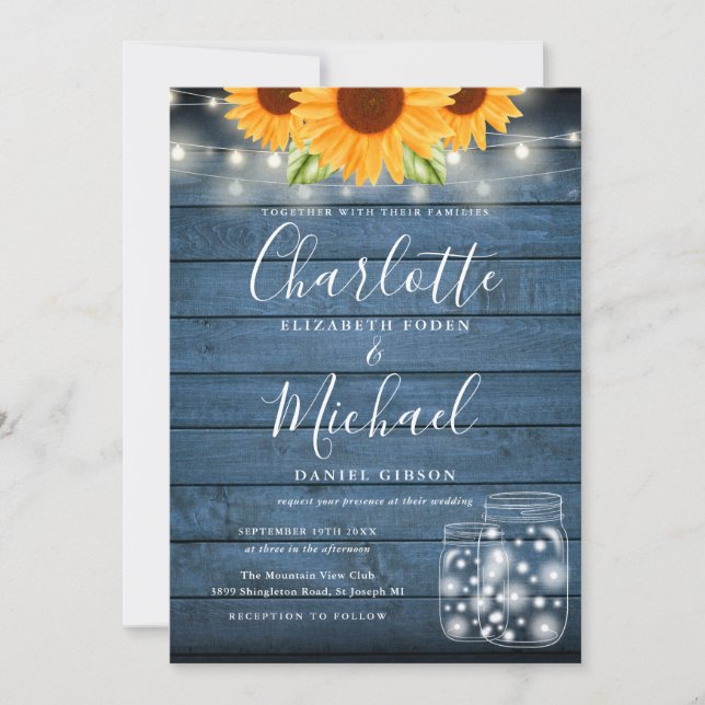 Sunflowers String Lights Mason Jars Blue Wedding Invitation (Front)