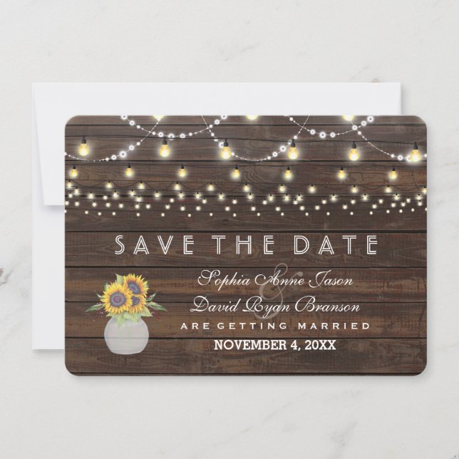 Sunflowers String Lights Old Wood Save The Date (Front)
