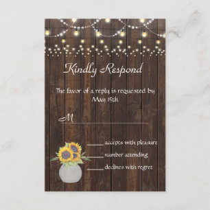 Sunflowers String Lights Old Wood Wedding RSVP Card
